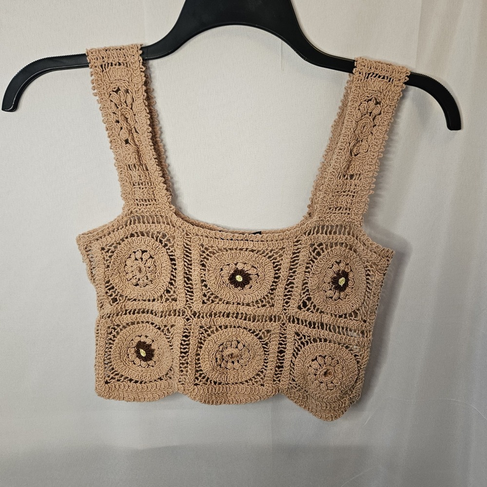 Julia by Love J Crochet Crop Top Womens Boho Festival Neutral Hippie Tan Sz S